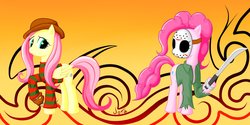 Size: 2048x1025 | Tagged: artist needed, safe, fluttershy, pinkie pie, earth pony, pegasus, pony, g4, clothes, costume, female, freddy krueger, gloves, hat, jason voorhees, mare, mask, saber, shirt, signature, striped sweater, weapon