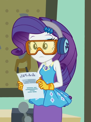 Size: 754x1003 | Tagged: safe, screencap, rarity, equestria girls, g4, my little pony equestria girls: better together, schedule swap, bracelet, canterlot high, classroom, clothes, cropped, crosscut saw, earmuffs, female, geode of shielding, gloves, goggles, jewelry, magical geodes, paper, rarity peplum dress, safety gloves, safety goggles, saw, solo, tool board, vise, workbench