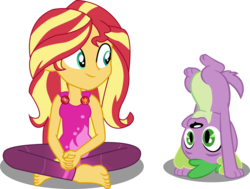 Size: 3712x2806 | Tagged: safe, artist:marcorulezzz, artist:red4567, edit, editor:slayerbvc, vector edit, spike, spike the regular dog, sunset shimmer, dog, equestria girls, equestria girls series, g4, wake up!, spoiler:choose your own ending (season 2), spoiler:eqg series (season 2), barefoot, clothes, crossed legs, feet, geode of empathy, high res, magical geodes, missing accessory, pants, pawstand, simple background, sitting, transparent background, upside down, vector, wake up!: rainbow dash, yoga, yoga pants