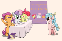 Size: 2400x1600 | Tagged: safe, artist:rocket-lawnchair, apple bloom, cozy glow, scootaloo, sweetie belle, earth pony, pegasus, pony, unicorn, g4, big eyes, book, bow, chest fluff, cozybetes, cute, cutie mark crusaders, female, filly, hair bow, inkwell, lidded eyes, quill