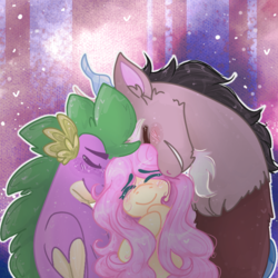 Size: 768x768 | Tagged: safe, artist:fluttershyfilly-yay, discord, fluttershy, spike, draconequus, dragon, pegasus, pony, g4, abstract background, bisexual, blushing, cute, discute, eyes closed, female, fluttershy gets all the dudes, fluttershy gets all the stallions, flutterspikecord, gay, group hug, happy, hug, male, mare, nuzzling, older, older spike, ot3, polyamory, ship:discoshy, ship:dispike, ship:flutterspike, shipping, shyabetes, smiling, spikabetes, straight, winged spike, wings