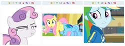 Size: 730x270 | Tagged: safe, edit, edited screencap, screencap, fluttershy, rainbow dash, sweetie belle, pony, derpibooru, equestria girls, g4, my little pony equestria girls: better together, schedule swap, disgusted, faic, geode of super speed, juxtaposition, juxtaposition win, magical geodes, meme, meta, triple juxaposition, vector