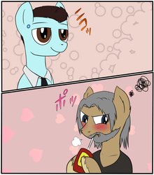Size: 3608x4096 | Tagged: safe, artist:wolftendragon, artist:wolftenpr0nz, android, earth pony, pegasus, pony, robot, robot pony, blushing, comic, comic strip, connor, crossover, detroit: become human, drinking, gay, hank anderson, lidded eyes, male, ponified, rk800, smiling, stallion, stallion on stallion, straw, tsundere, video game