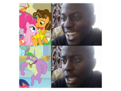 Size: 960x720 | Tagged: safe, edit, edited screencap, screencap, cheese sandwich, pinkie pie, spike, dragon, earth pony, human, pony, g4, the last problem, female, gigachad spike, how could this happen, irl, male, mare, meme, older, older spike, older spike drama, photo, ship:cheesepie, shipping, stallion, straight, winged spike, wings