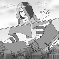 Size: 1819x1789 | Tagged: safe, artist:alloyrabbit, oc, oc only, oc:golden age, human, city, destruction, dialogue, feet, female, giantess, grayscale, hippie, humanized, macro, monochrome, open mouth, pencil drawing, platform heels, sandals, solo, traditional art