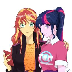 Size: 800x800 | Tagged: safe, artist:extraluna, sci-twi, sunset shimmer, twilight sparkle, equestria girls, g4, my little pony equestria girls: better together, cellphone, clothes, female, lesbian, music festival outfit, phone, ship:sci-twishimmer, ship:sunsetsparkle, shipping, smiling