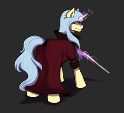 Size: 2200x2000 | Tagged: safe, artist:shamy-crist, oc, oc only, pony, unicorn, cloak, clothes, female, gray background, gun, high res, magic, mare, rifle, simple background, solo, weapon