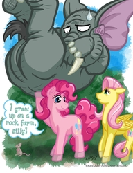 Size: 720x937 | Tagged: safe, artist:texasuberalles, fluttershy, pinkie pie, earth pony, elephant, mouse, pegasus, pony, g4, colored hooves, do you even lift, duo, earth pony strength, female, hoof hold, lifted up, looking down, looking up, mare, scared, smiling, speech bubble, strong, stronk, sweat, sweatdrop