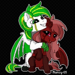 Size: 1900x1900 | Tagged: safe, artist:nancy-05, oc, oc only, oc:white night, demon, pony, black background, black hooves, horn, looking at each other, pixel art, simple background, smiling