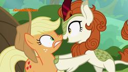 Size: 1280x720 | Tagged: safe, screencap, applejack, autumn blaze, kirin, pony, g4, sounds of silence, boop, female, nickelodeon, noseboop