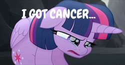 Size: 670x350 | Tagged: safe, edit, edited screencap, screencap, twilight sparkle, alicorn, pony, g4, my little pony: the movie, background pony strikes again, cancer, crying, female, op is a duck, op is trying to start shit, sad, solo, twilight sparkle (alicorn), why