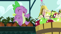 Size: 1920x1080 | Tagged: safe, screencap, spike, dragon, g4, the big mac question, apple, carrot, food, happy, male, solo, winged spike, wings
