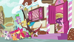 Size: 1920x1080 | Tagged: safe, screencap, apple bloom, discord, scootaloo, spike, sugar belle, sweetie belle, draconequus, dragon, pony, g4, the big mac question, cutie mark crusaders, food, magic, pie, running, winged spike, wings