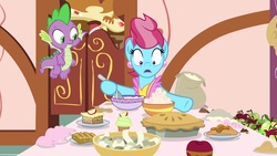 Size: 1920x1080 | Tagged: safe, screencap, cup cake, spike, dragon, pony, g4, the big mac question, apple, bowl, food, paper, pie, winged spike, wings
