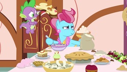 Size: 1920x1080 | Tagged: safe, screencap, cup cake, spike, dragon, earth pony, pony, g4, the big mac question, apple, baby dragon, baking, bowl, claws, cup cake is not amused, female, flour, flying, food, male, mare, narrowed eyes, paper, pie, raised eyebrow, scrunchy face, unamused, winged spike, wings