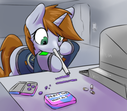 Size: 1230x1074 | Tagged: safe, artist:fluor1te, oc, oc only, oc:littlepip, pony, unicorn, fallout equestria, bullet, clothes, desk, drug use, drugs, fanfic, fanfic art, female, hooves, horn, jumpsuit, mare, mint-als, party time mintals, pipbuck, sniffing, snorting, solo, terminal, tired, vault, vault suit, wired