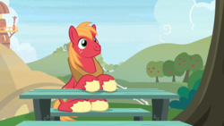 Size: 1280x720 | Tagged: safe, screencap, big macintosh, earth pony, pony, g4, the big mac question, apple, apple tree, cute, cutie mark, food, hill, macabetes, male, smiling, solo, stallion, table, this is fine, tree