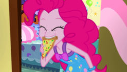 Size: 1920x1080 | Tagged: safe, screencap, pinkie pie, equestria girls, g4, my little pony equestria girls: rainbow rocks, bed, clothes, cute, diapinkes, eyes closed, female, food, happy, mouth hold, pajamas, pinkie being pinkie, pinkie pie's bedroom (equestria girls), pizza, sleeveless, solo, you're doing it wrong