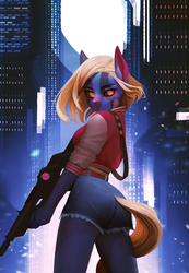 Size: 2126x3068 | Tagged: safe, artist:frieder1, oc, oc only, earth pony, anthro, adorasexy, anthro oc, black sclera, city, clothes, colored pupils, cute, cyberpunk, denim shorts, female, gun, high res, looking at you, looking back, looking back at you, looking over shoulder, mare, sexy, solo, weapon, ych result