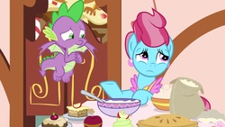Size: 1920x1080 | Tagged: safe, screencap, cup cake, spike, dragon, pony, g4, the big mac question, apple, bowl, food, pie, winged spike, wings