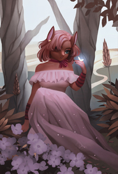 Size: 2008x2972 | Tagged: safe, artist:frieder1, oc, oc only, earth pony, firefly (insect), insect, anthro, anthro oc, bow, clothes, dress, female, flower, forest, high res, mare, ribbon, solo, ych result