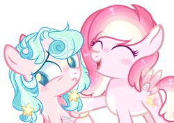 Size: 1044x740 | Tagged: safe, artist:jisootheartist, artist:manella-art, artist:n0va-bases, oc, oc:bubble pie, oc:sugar star, hybrid, pegasus, pony, ..., base used, collaboration, female, filly, heart, interspecies offspring, magical lesbian spawn, multicolored hair, offspring, parent:pinkie pie, parent:princess skystar, parents:skypie, simple background, stars, transparent background