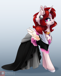 Size: 963x1200 | Tagged: safe, artist:arctic-fox, oc, oc only, oc:mistress ecstacy, pony, unicorn, clothes, dress, fake wings, female, mare, solo