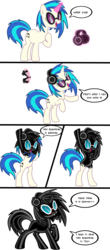 Size: 3840x8700 | Tagged: safe, artist:damlanil, dj pon-3, vinyl scratch, latex pony, pony, unicorn, g4, bipedal, comic, cute, dialogue, female, glowing horn, happy, headphones, horn, latex, living latex, magic, mare, raised hoof, show accurate, simple background, solo, sunglasses, symbiote, transformation, transparent background, x-ray