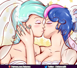 Size: 2600x2301 | Tagged: safe, artist:superiorinfamea, bon bon, lyra heartstrings, sweetie drops, human, g4, the big mac question, the last problem, clothes, dress, female, high res, humanized, kiss on the lips, kissing, lesbian, ship:lyrabon, shipping, wedding dress