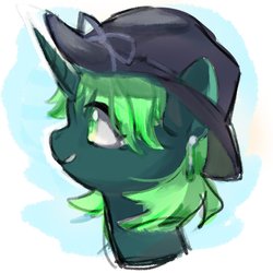 Size: 2048x2048 | Tagged: safe, artist:tingsan, oc, oc only, oc:silver bell, pony, unicorn, bust, ear piercing, hat, high res, piercing, portrait, profile, simple background, solo
