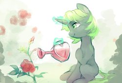 Size: 1024x700 | Tagged: safe, artist:tingsan, oc, oc only, oc:silver bell, pony, unicorn, flower, heart, plant, rose, solo, watering can