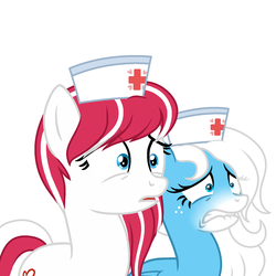 Size: 1500x1500 | Tagged: safe, artist:rioshi, artist:starshade, oc, oc only, oc:cherry pop, oc:icy heart, earth pony, pegasus, pony, female, hat, horrified, mare, nurse, nurse hat