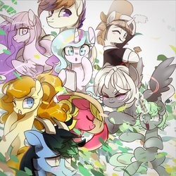 Size: 1161x1160 | Tagged: safe, artist:tingsan, oc, oc:draconidsmxz, oc:oofy colorful, oc:silver bell, alicorn, dragon, earth pony, pegasus, pony, unicorn, group