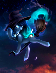 Size: 1100x1430 | Tagged: safe, artist:shady-bush, oc, oc only, oc:upcoming rain, original species, pony, scented pony, broom, closed species, female, flying, flying broomstick, hat, mare, night, solo, witch hat