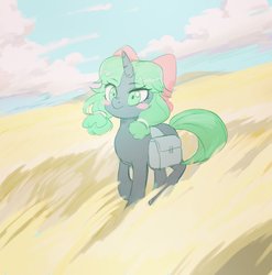 Size: 2023x2048 | Tagged: safe, artist:tingsan, oc, oc only, oc:silver bell, pony, unicorn, pony town, bag, blush sticker, blushing, bow, cloud, cloudy, hair bow, high res, meadow, saddle bag, solo