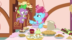 Size: 1920x1080 | Tagged: safe, screencap, cup cake, spike, dragon, pony, g4, the big mac question, apple, bowl, food, paper, pie, winged spike, wings