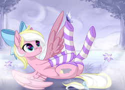 Size: 2364x1700 | Tagged: safe, artist:rioshi, artist:sparkling_light, artist:starshade, oc, oc only, oc:bay breeze, butterfly, pegasus, pony, bow, clothes, female, flower, hair bow, looking at something, mare, socks, solo, striped socks, tail bow, thigh highs, tree