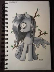 Size: 774x1032 | Tagged: safe, artist:jellysketch, fluttershy, pegasus, pony, g4, female, fluttertree, inktober, inktober 2019, leaf, marker drawing, pain, simple background, solo, traditional art, white background