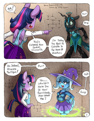 Size: 1158x1500 | Tagged: safe, artist:animegirl2012, artist:circe, queen chrysalis, trixie, twilight sparkle, alicorn, changeling, anthro, unguligrade anthro, art pack:spankapalooza, against wall, bedroom eyes, clothes, comic, digitally colored, hoodie, kathleen barr, miniskirt, pantyhose, pleated skirt, ripped pantyhose, skirt, traditional art, transformation, twilight sparkle (alicorn), voice actor joke