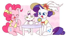Size: 1200x700 | Tagged: safe, artist:ch-chau, opalescence, pinkie pie, rarity, cat, earth pony, pony, unicorn, g4, cookie, eyes closed, food, hat, table, tea party