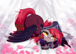 Size: 3465x2454 | Tagged: safe, alternate character, alternate version, artist:rioshi, artist:sparkling_light base, artist:starshade, pegasus, pony, ass up, bed, blushing, butt, female, flower, high res, league of legends, looking at you, mare, petals, plot, ponified, slit pupils, solo, xayah