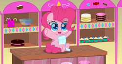 Size: 2731x1440 | Tagged: safe, artist:spellboundcanvas, pinkie pie, g4, apron, cake, candy, candy cane, clothes, cupcake, cute, diapinkes, food