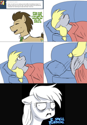 Size: 1562x2254 | Tagged: safe, artist:jitterbugjive, derpy hooves, doctor whooves, time turner, earth pony, pegasus, pony, lovestruck derpy, g4, blanket, couch, derpy hooves is not amused, female, key, male, mare, necktie, stallion