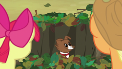 Size: 1280x720 | Tagged: safe, screencap, apple bloom, applejack, winona, dog, g4, going to seed, leaves, pit trap