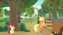 Size: 1280x720 | Tagged: safe, screencap, apple bloom, applejack, earth pony, pony, g4, going to seed, apple, apple tree, barrel, cart, trap (device), tree