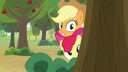 Size: 1280x720 | Tagged: safe, screencap, apple bloom, applejack, earth pony, pony, g4, going to seed, apple, apple tree, tree