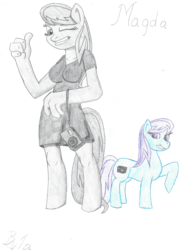 Size: 3192x4384 | Tagged: safe, artist:cypisek95, oc, oc only, oc:light flash, earth pony, pony, anthro, camera, female, grin, hooves, mare, not octavia, one eye closed, raised hoof, simple background, smiling, traditional art, white background