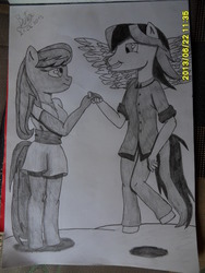 Size: 2736x3648 | Tagged: safe, artist:cypisek95, oc, oc only, oc:light flash, oc:white limon, earth pony, pegasus, anthro, black and white, female, flying, grayscale, high res, holding hands, hooves, lightmon, male, monochrome, not octavia, spread wings, traditional art, wings