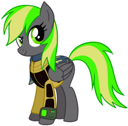 Size: 1800x1774 | Tagged: safe, artist:x-blackpearl-x, oc, oc only, oc:destiny dazzle (dee), pegasus, pony, 2020 community collab, derpibooru community collaboration, fallout equestria, armor, community collab, fallout equestria: the rejected ones, female, palindrome get, pipbuck, solo, transparent background