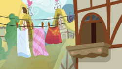 Size: 1280x720 | Tagged: safe, screencap, linky, shoeshine, earth pony, pony, g4, the big mac question, animated, clothes line, faic, female, floppy ears, gif, looking around, mare, ponyville, shoeshine's window, solo